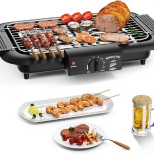 شواية شواء كهربائية، شواية شواء داخلية/خارجية غير لاصقة بدون دخان، شواية واقفة قابلة للإزالة عالية الطاقة بأنبوب مزدوج 2000 واط لحفلة الشواء (سوداء أنيقة)